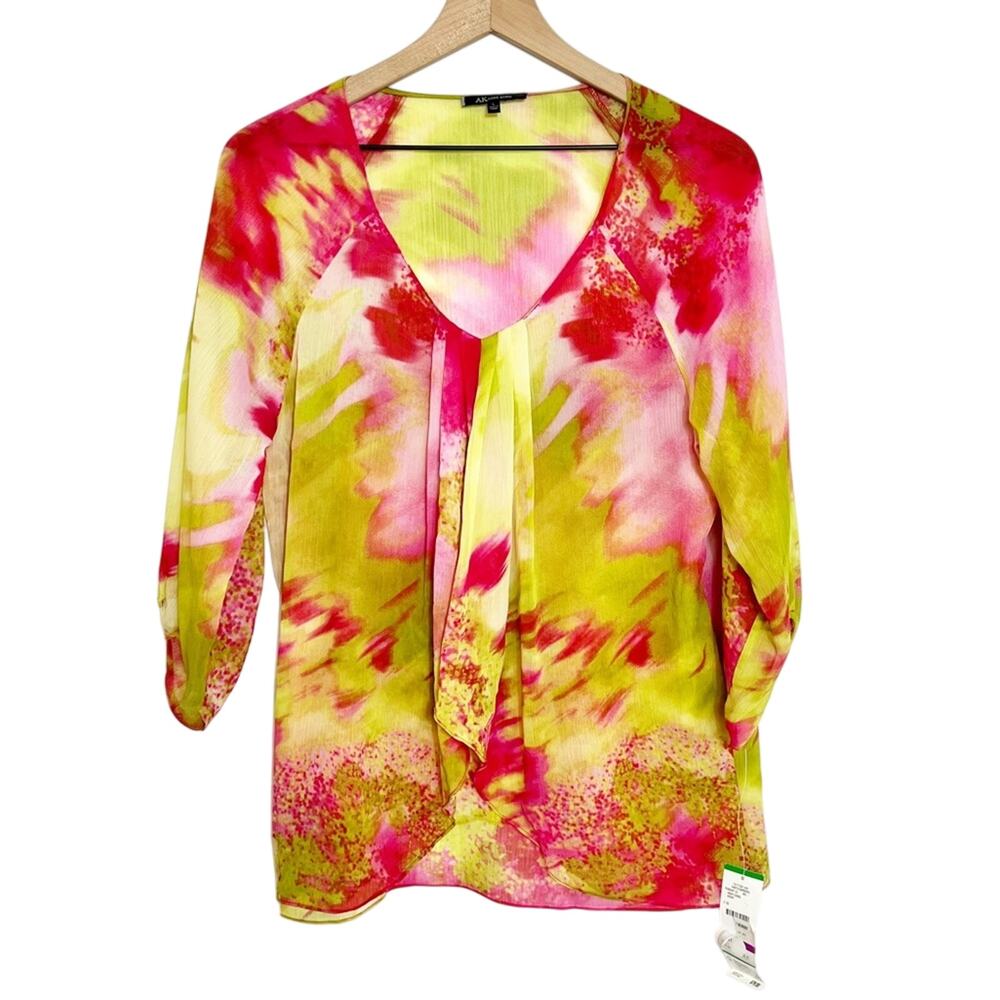 ANNE KLEIN WOMEN LARGE PINK GREEN LONG SLEEVE BLOUSE BRAND NEW 100% POLYESTER